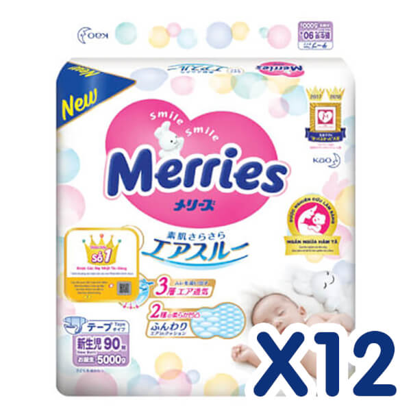 Combo 12 Bỉm tã dán Merries size Newborn 90 miếng (dưới 5kg)