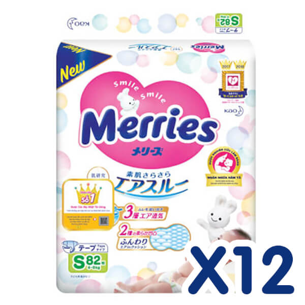 Combo 12 Bỉm tã dán Merries size S 82 miếng (4-8kg)