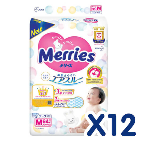 Combo 12 Bỉm tã dán Merries size M 64 miếng (6-11kg)s