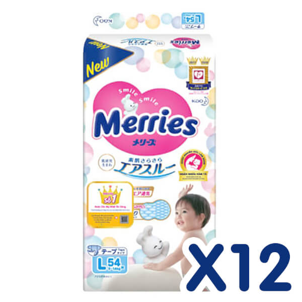 Combo 12 Bỉm tã dán Merries size L 54 miếng (9-14kg)