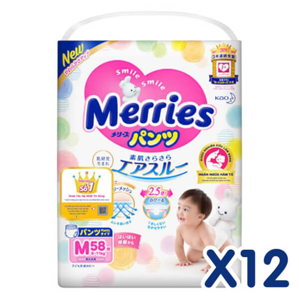 Combo 12 Bỉm tã quần Merries size M 58 miếng (6-11kg)