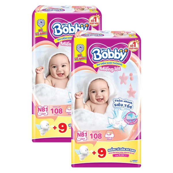 Combo 2 Miếng lót Bobby fresh (Newborn 1, dưới 5 kg, 108 miếng) + 9 miếng Tã dán Bobby cỡ XS