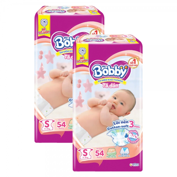 Combo 2 Tã dán Bobby siêu thấm - khô thoáng  (S, 4-8kg, 54 miếng)