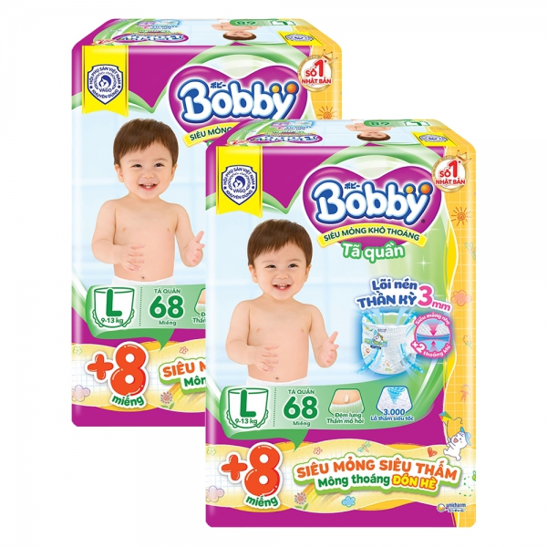 Combo 2 Tã Quần Bobby L 68 miếng + 8 miếng tã quần size L