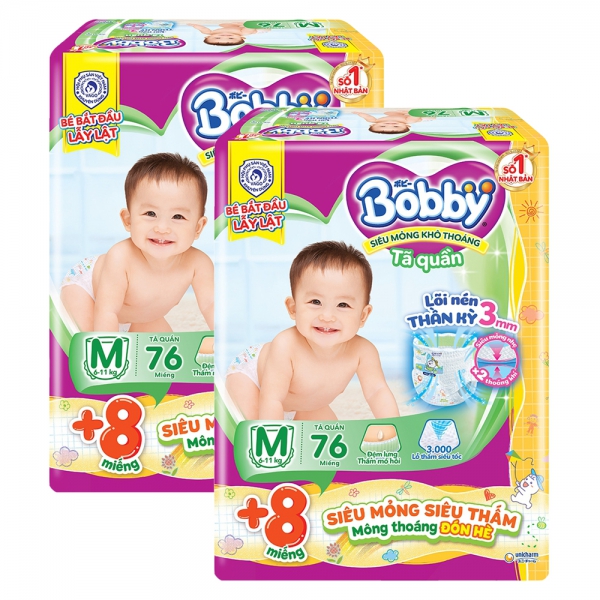 Combo 2 Tã Quần Bobby M 76 miếng + 8 miếng tã quần size M