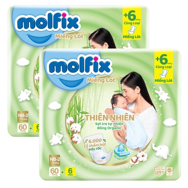 Combo 2 Miếng lót Molfix Thiên Nhiên (Newborn 2, > 1 tháng, 60 miếng + 6 miếng)