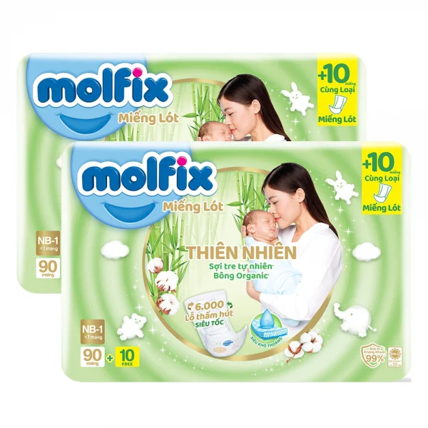 Combo 2 Miếng lót Molfix Thiên Nhiên (Newborn 1, < 1 tháng, 90 miếng + 10 miếng)