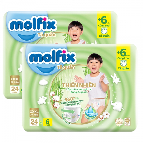 Combo 2 Bỉm tã quần Molfix Thiên Nhiên (XXXL, 20-35kg, 24 miếng + 6 miếng)