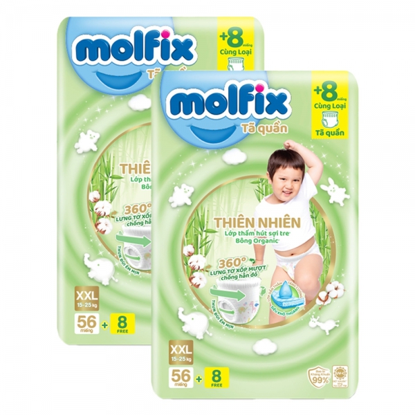 Combo 2 Tã quần Molfix Thiên Nhiên (XXL, 15 - 25kg, 56 miếng) (giao bao bì ngẫu nhiên)