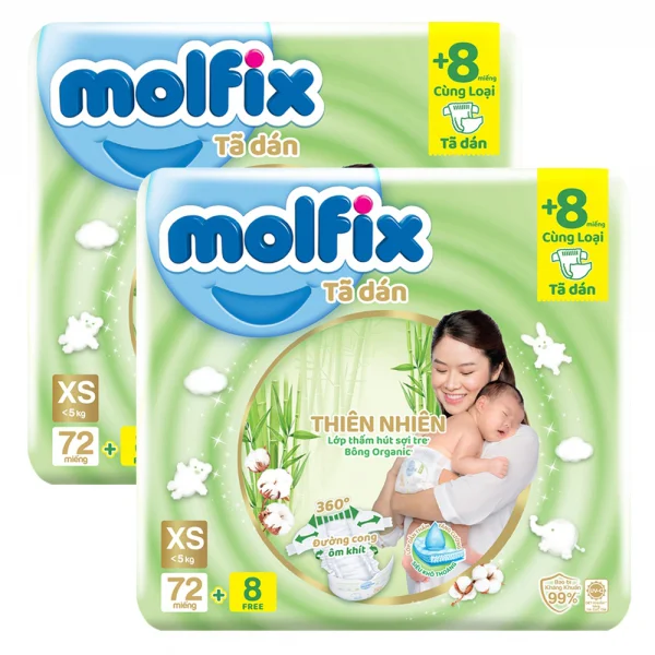 Combo 2 Bỉm tã dán Molfix thiên nhiên (XS, < 5kg, 72 miếng + 8 miếng) (giao bao bì ngẫu nhiên)