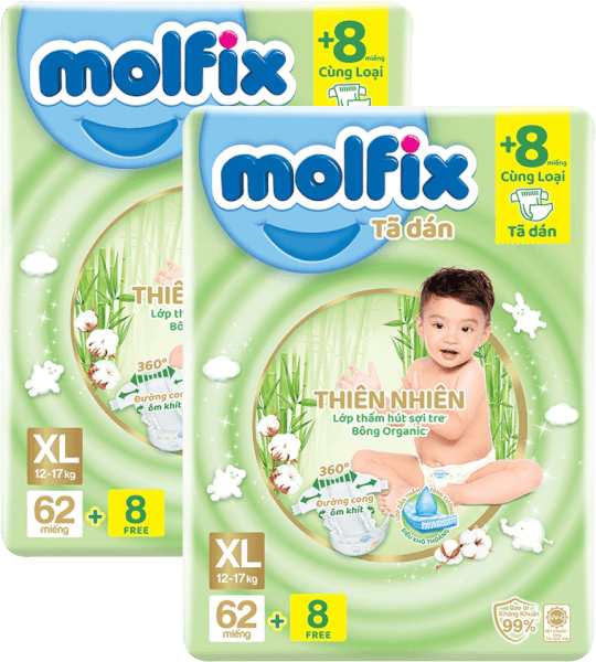 Combo 2 Bỉm tã dán Molfix thiên nhiên (XL, 12-17kg, 62 miếng + 8 miếng)