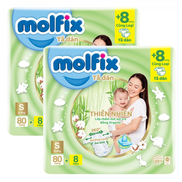 Combo 2 Bỉm tã dán Molfix Thiên nhiên (S, 4-8kg, 80 miếng + 8 miếng)