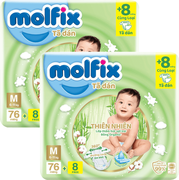 Combo 2 Bỉm tã dán Molfix Thiên Nhiên (M, 6-11kg, 76 miếng + 8 miếng)