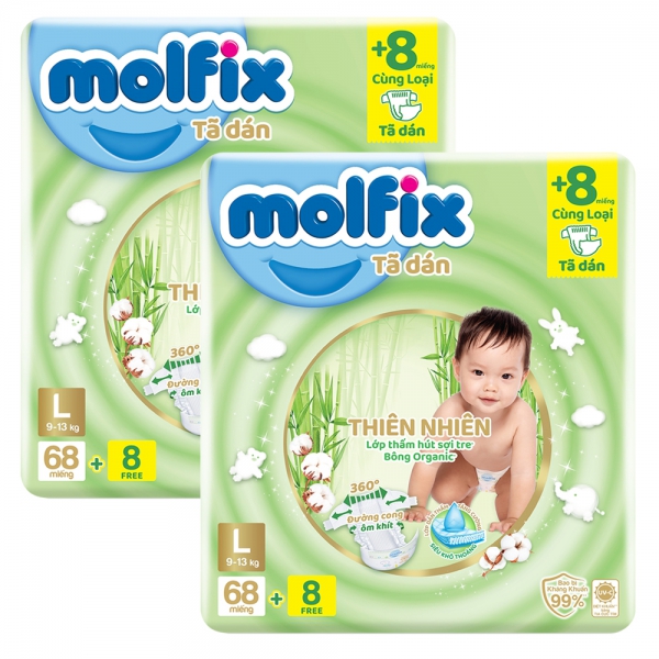 Combo 2 Bỉm tã dán Molfix Thiên Nhiên (L, 9-13kg, 68 miếng + 8 miếng)