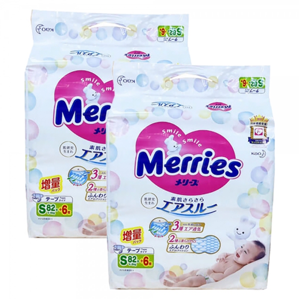 Combo 2 Tã dán Merries nội địa (S, 4-8kg, 82 + 6 miếng)