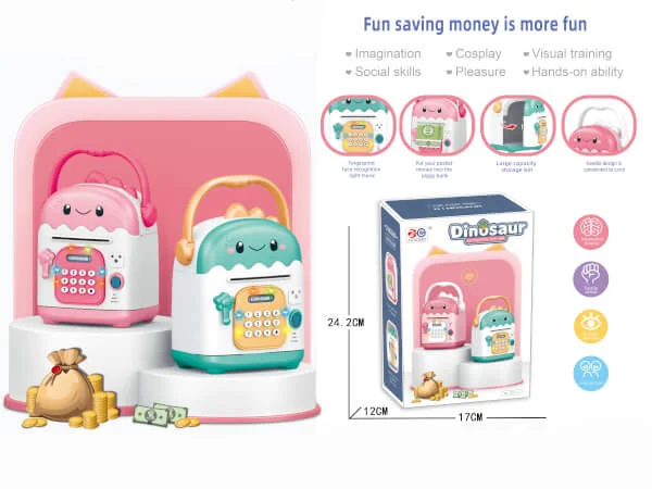 Két sắt khủng long thông minh hút tiền tự động có nhạc đèn YN468820 (Hồng)