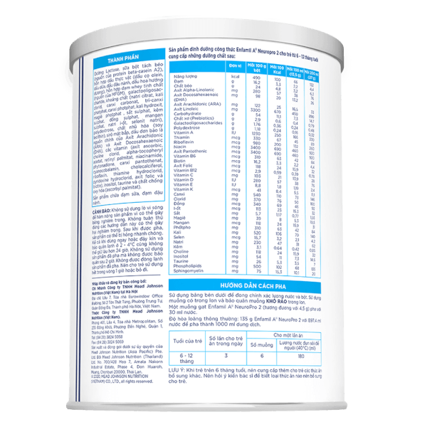 Sữa Enfamil A2 NeuroPro số 2 800g (Follow Up Formula, 6 - 12 tháng tuổi)