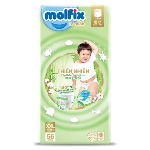 Combo 4 Tã quần Molfix Thiên Nhiên (XXL, 15 - 25kg, 56 miếng) (giao bao bì ngẫu nhiên)