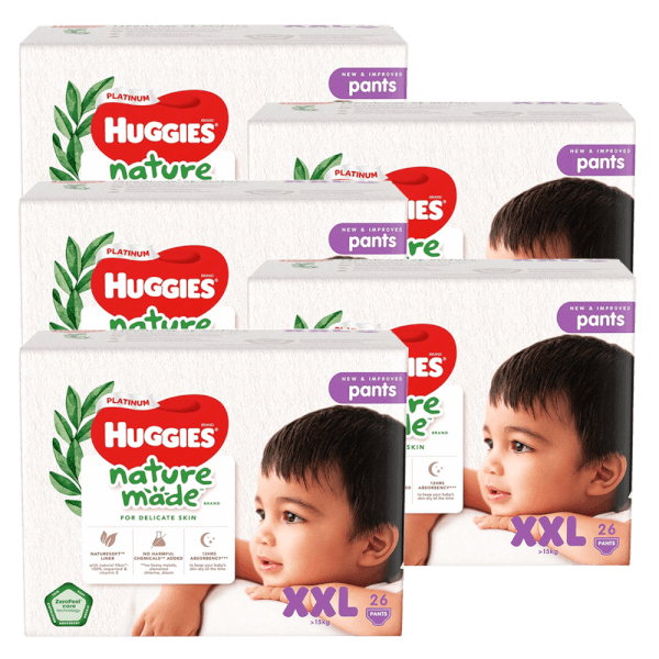 Combo 5 Bỉm tã quần Huggies Platinum Nature Made size XXL 26 miếng (trên 15kg)