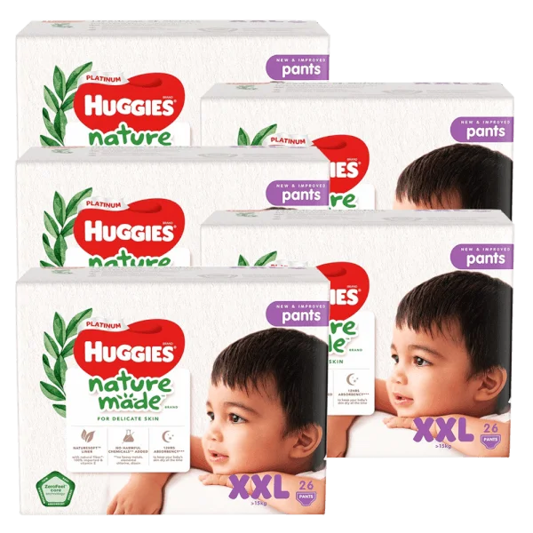 Combo 5 Bỉm tã quần Huggies Platinum Nature Made size XXL 26 miếng (trên 15kg)