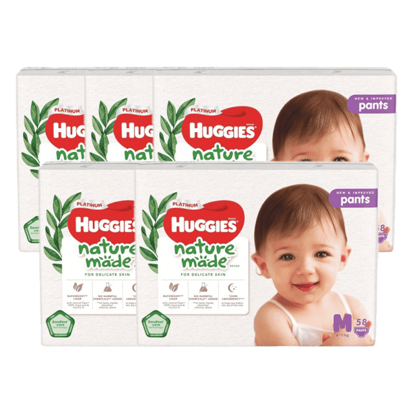 Combo 5 bỉm tã quần Huggies Platinum Nature Made M size 58 miếng (6-11kg)