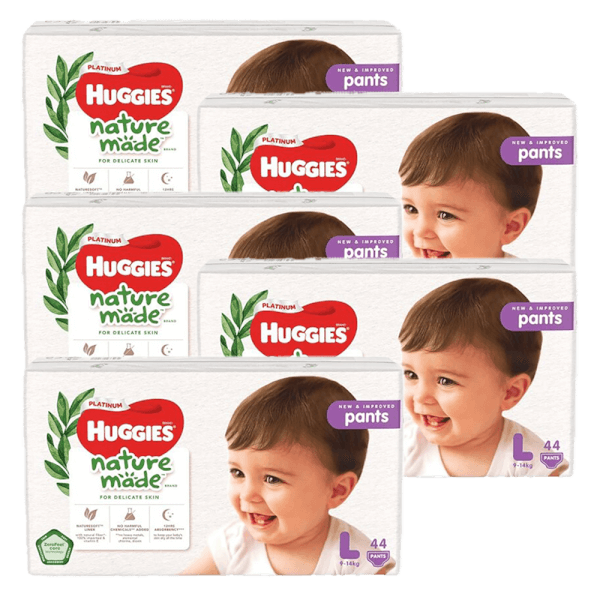 Combo 5 bỉm tã quần Huggies Platinum Nature Made L size 44 miếng (9-14kg)