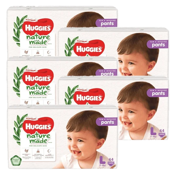 Combo 5 bỉm tã quần Huggies Platinum Nature Made L size 44 miếng (9-14kg)