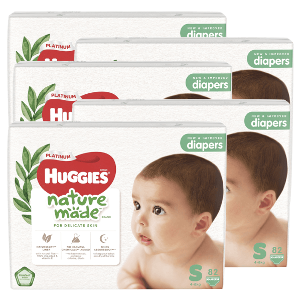 Combo 5 Bỉm tã dán Huggies Platinum Nature Made size S 82 miếng (4-8kg)