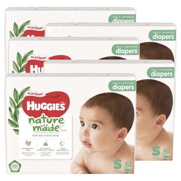 Combo 5 Bỉm tã dán Huggies Platinum Nature Made size S 82 miếng (4-8kg) - Giao bao bì ngẫu nhiên