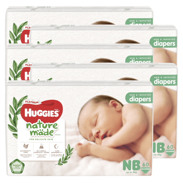 Combo 5 Bỉm tã dán Huggies Platinum Nature Made size Newborn 60 miếng (dưới 5kg)