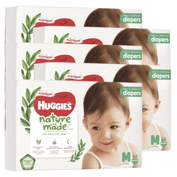 Combo 5 Bỉm tã dán Huggies Platinum Nature Made size M 64 miếng (6-11kg)