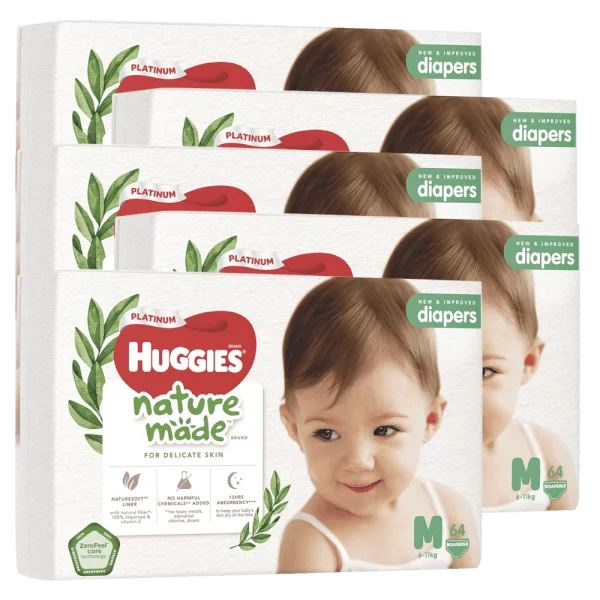 Combo 5 Bỉm tã dán Huggies Platinum Nature Made size M 64 miếng (6-11kg) - Giao bao bì ngẫu nhiên