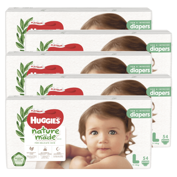 Combo 5 Bỉm tã dán Huggies Platinum Nature Made size L 54 miếng (9-14kg)