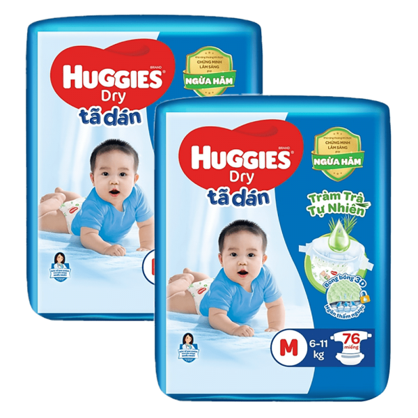 Combo 2 tã dán Huggies Dry cực đại (M, 6-11kg, 76 miếng) + 6 miếng tã quần Jean