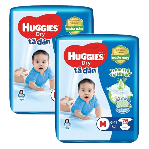Combo 2 tã dán Huggies Dry cực đại (M, 6-11kg, 76 miếng) + 6 miếng tã quần Jean