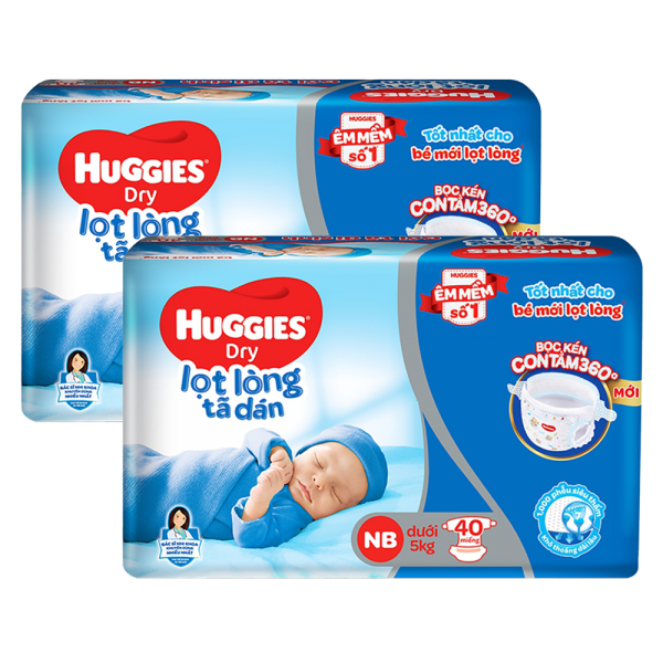 Com bo 2 Tã dán sơ sinh Huggies (Newborn, dưới 5kg, 40 miếng) + 4 miếng NB