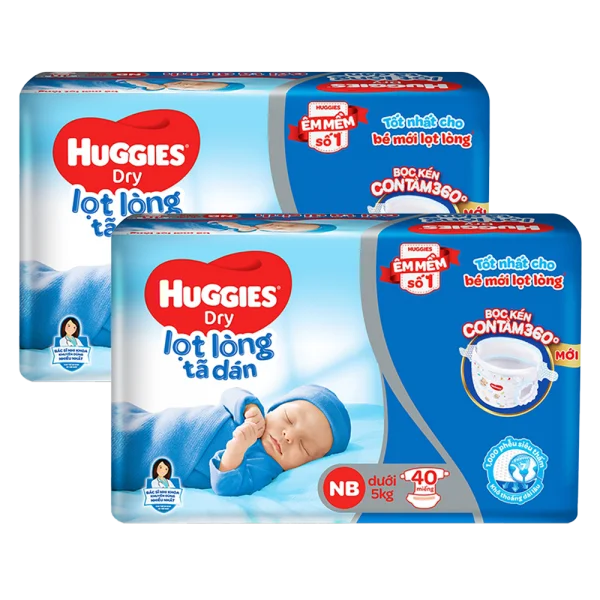 Com bo 2 Tã dán sơ sinh Huggies (Newborn, dưới 5kg, 40 miếng) + 4 miếng NB