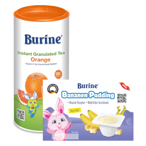 Combo 1 Trà Cốm Hoa quả Burine - Cam Nam Mỹ (200g/hộp) và 1 Pudding Burine Vị Chuối (Vỉ 6 x 50g)