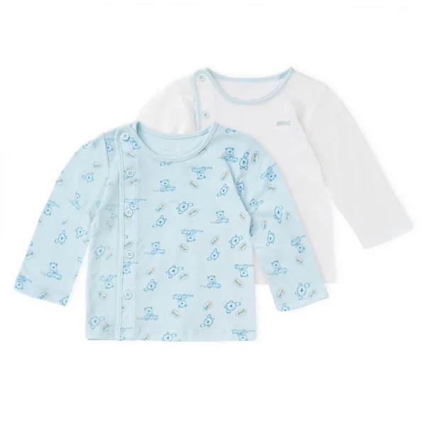 Cặp áo sơ sinh cài chéo tay dài Animo NB422049 (NB,xanh-trắng)