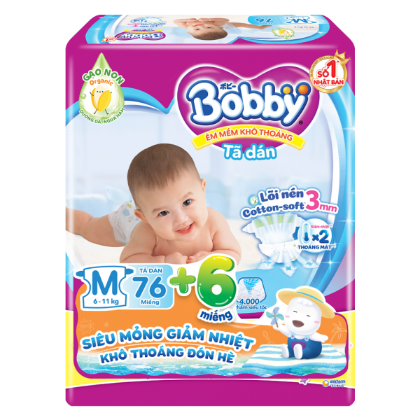 Combo 3 gói Bỉm tã dán Bobby siêu thấm size M 76 miếng (6-10kg)