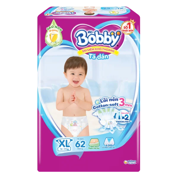 Combo 2 gói Bỉm tã dán Bobby siêu thấm size XL 62 miếng (12-17kg)