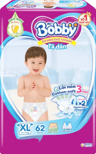 Bỉm tã dán Bobby siêu thấm size XL 62 miếng (12-17kg) (giao bao bì ngẫu nhiên)