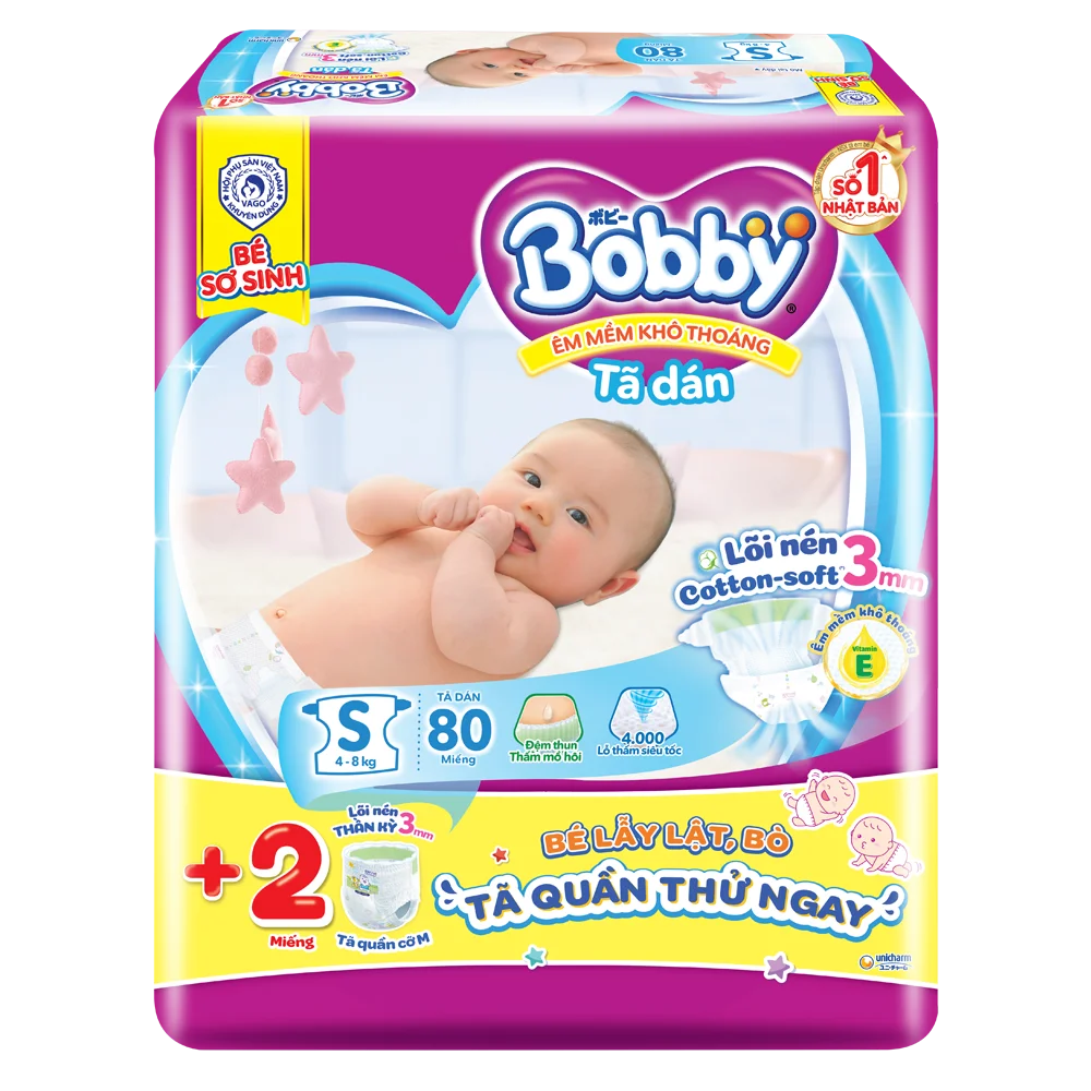 Tã dán Bobby siêu thấm - khô thoáng  (S, 4-8kg, 80 miếng) (giao bao bì ngẫu nhiên)
