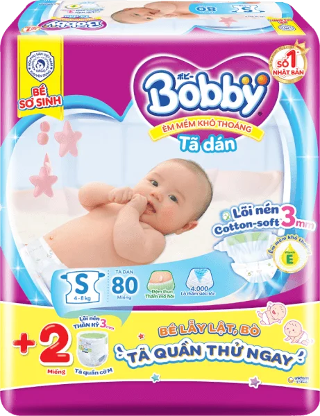 [Google Shopping] Tã dán Bobby siêu thấm - khô thoáng  (S, 4-8kg, 80 miếng) (giao bao bì ngẫu nhiên)