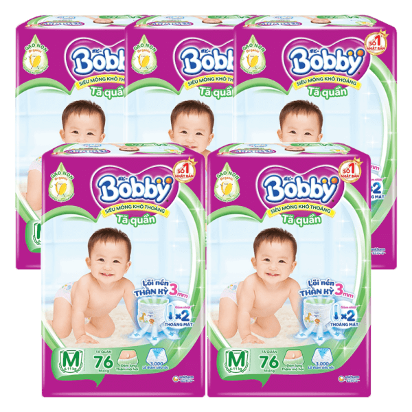Combo 5 Tã quần Bobby size M, 76 miếng (cải tiến)
