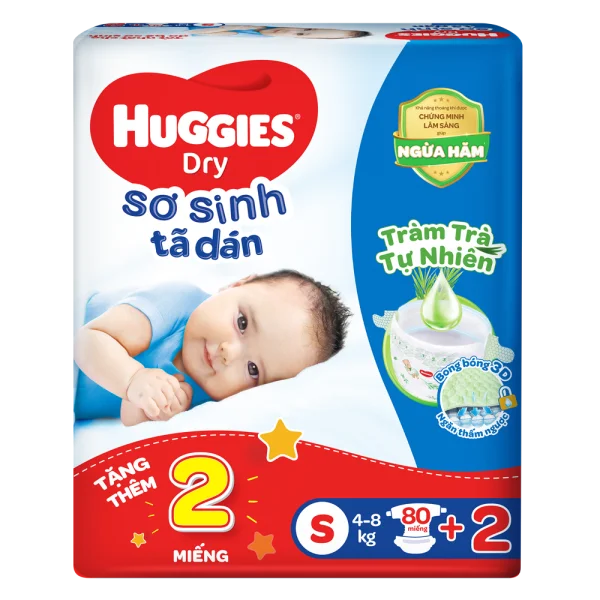 Tã dán sơ sinh Huggies Dry (S, 4-8kg, 80 miếng) + 2 miếng