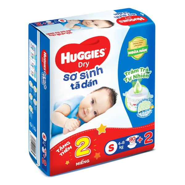 Tã dán sơ sinh Huggies Dry (S, 4-8kg, 80 miếng) + 2 miếng