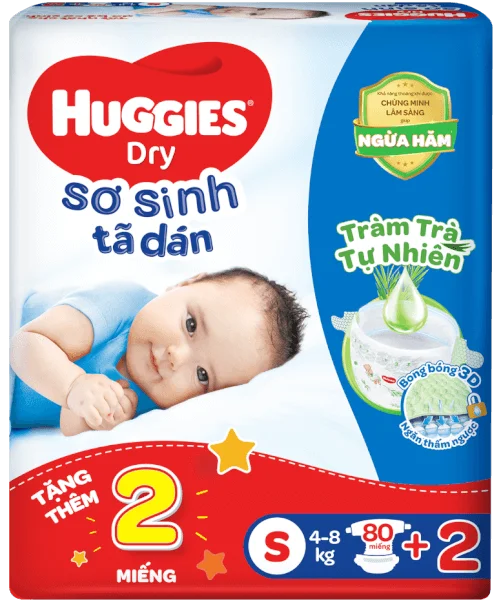 Tã dán sơ sinh Huggies Dry (S, 4-8kg, 80 miếng) + 2 miếng