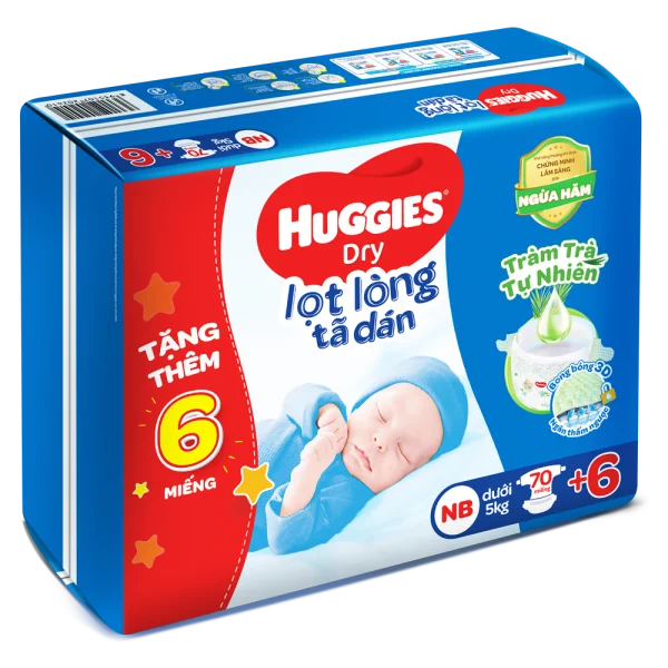 Tã dán sơ sinh Huggies (Newborn, dưới 5kg, 70 miếng) + 6 miếng