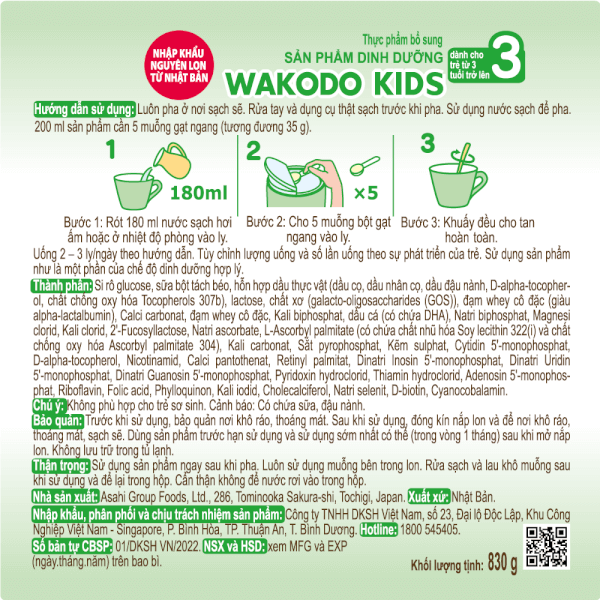 Sữa Wakodo KIDS 3 830g (từ 3 tuổi trở lên)